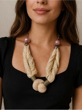 Elegant Salmon Rope Knot Necklace with Pink Bead and Gold Accents -22”